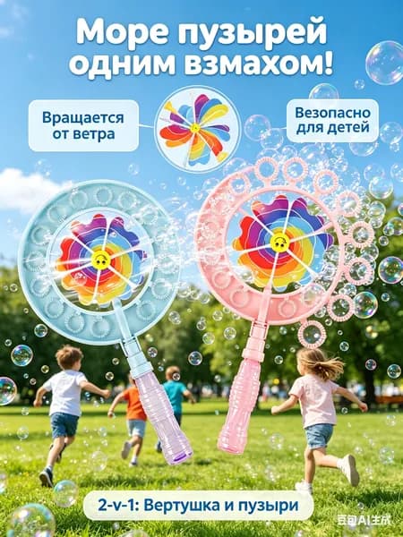 Мыльные пузыри палочка-ветрячок детская ручная, игрушка для улицы и активных игр-вертушка для пускания пузырей, реквизит для фотосессии мальчиков и девочек