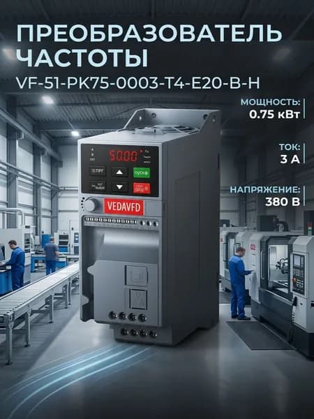 Преобразователь частоты VF-51-PK75-0003-T4-E20-B-H Входное напряжение, 380В. Выходная мощность 0.75кВт. Номинальный выходнойток 3 А