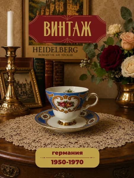 Чайная пара с цветочным декором Winterling Marktleuthen в сине-кремовых тонах винтажная, фарфор, деколь, Германия, 1950-70 гг.