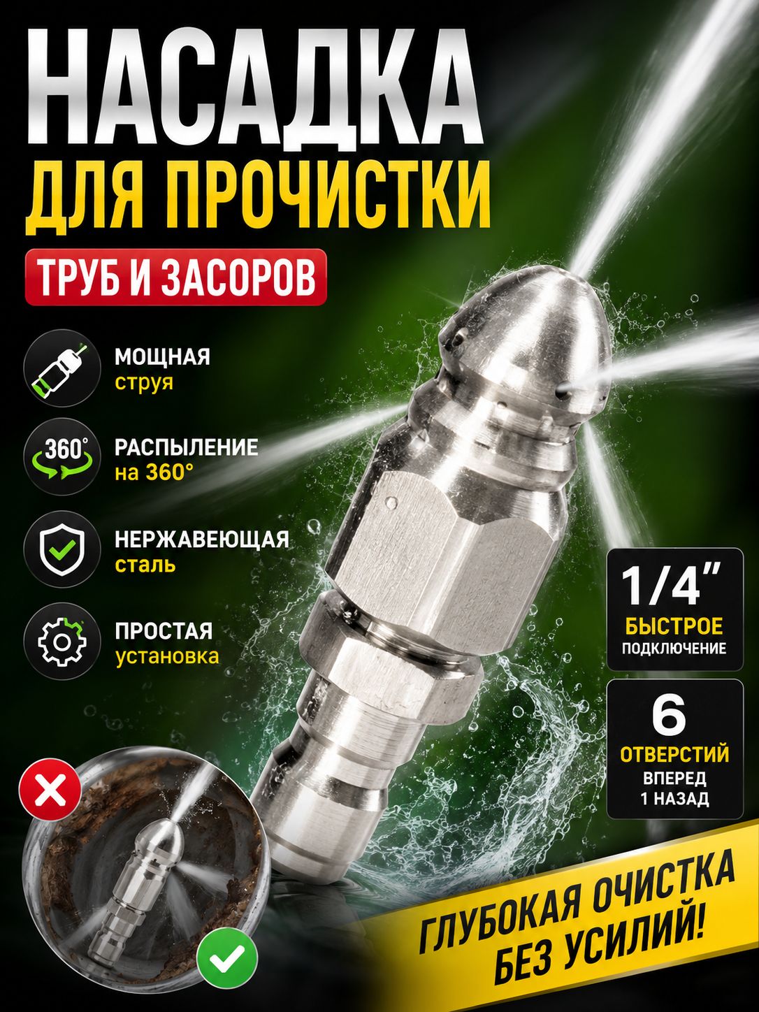 Насадка с 7 отверстиями для промывки труб Чистка и прочистка канализации, изготовлена из нержавеющей стали, 1 шт.