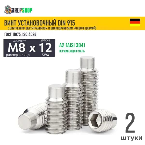 Винт устан. M8х12 с цапфой и в/ш нерж. А2 DIN 915, 2 шт