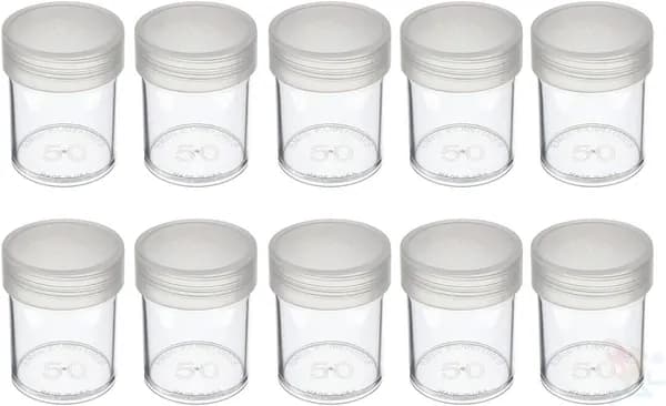 (10) Круглые прозрачные пластиковые тубусы для хранения монет (размером в полдоллара) с завинчивающейся крышкой