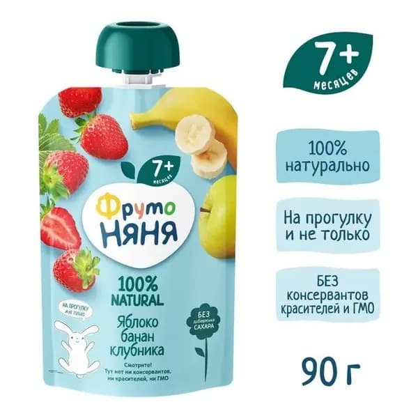 Десерт ФрутоНяня из яблок, бананов, клубники с 7 месяцев 90 г * 12 шт (43000517)