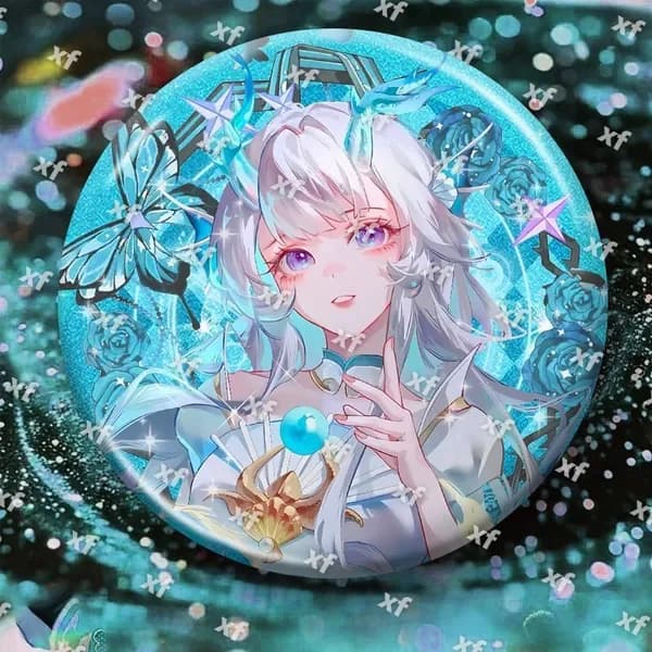 Коллекционный значок из игры Honor of Kings: персонаж Си Ши, сине-бирюзовая гамма с голубыми розами и бабочками лазерный блеск, металлический