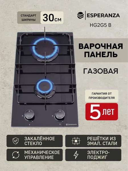 Варочная панель газовая 2 конфорки черная закаленное стекло встраиваемая ESPERANZA HG2G5 B