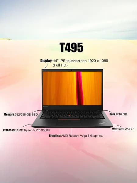 Lenovo ThinkPad T495, Как новый Ноутбук 14", AMD Ryzen 5 PRO 3500U, RAM 8 ГБ, SSD 256 ГБ, Windows Pro, черный, Русская раскладка
