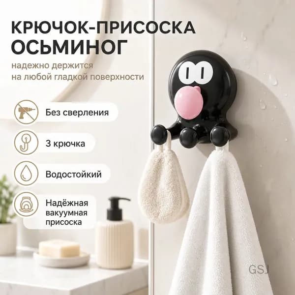 Настенный крючок без сверления с тремя крючками для ванной комнаты в виде осьминога