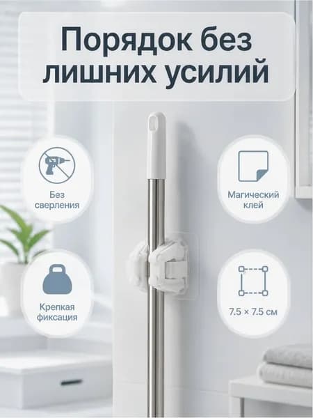 Держатель для швабры без сверления, 7.5 7.5 см, настенный кронштейн для швабр и щеток, органайзер для уборочного инвентаря в ванной