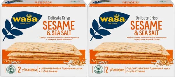 Хлебцы пшеничные Wasa цельнозерновые с кунжутом и морской солью, комплект: 2 упаковки по 190 г