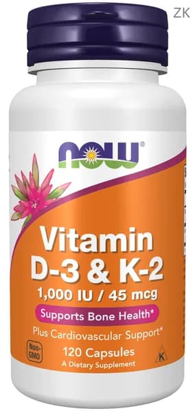 NOW Vitamin D3 K2, Витамин Д3 (1000 IU) + Витамин К2 (45мкг), 120 растительных капсул, Для иммунитета взрослым, для сердца и сос