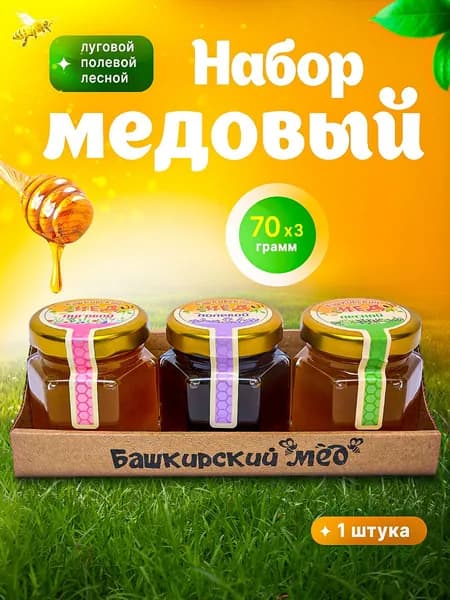 Набор "Башкирский мед" 3х70 луговой/полевой/лесной крафт с ложкой 1 шт.