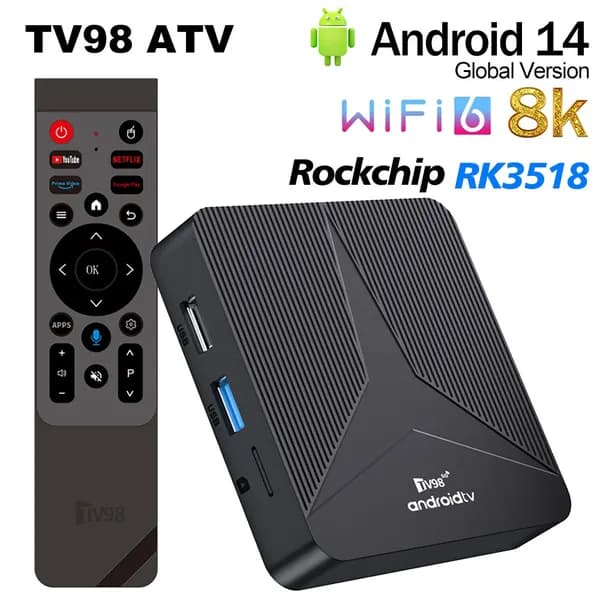 ТВ-приставка TV98 ATV RK3518, Android 14.0, декодирование 8K HDR, двухдиапазонный WiFi, Bluetooth-пульт Игровая приставка Android