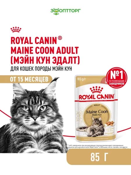 Влажный корм Royal Canin Maine Coon Adult для кошек породы мейн кун (кусочки в соусе), Мясо, 85 г