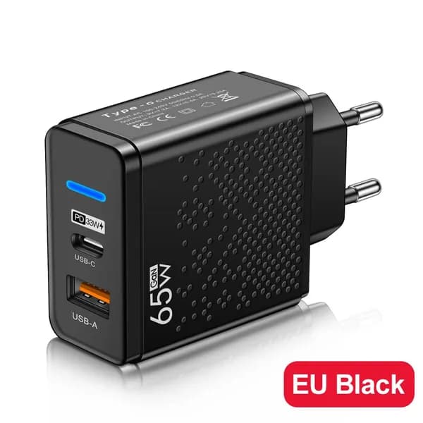 Светодиодное ЗУ 33 Вт, 2 порта (USB-A + USB-C PD), евровилка, чёрное