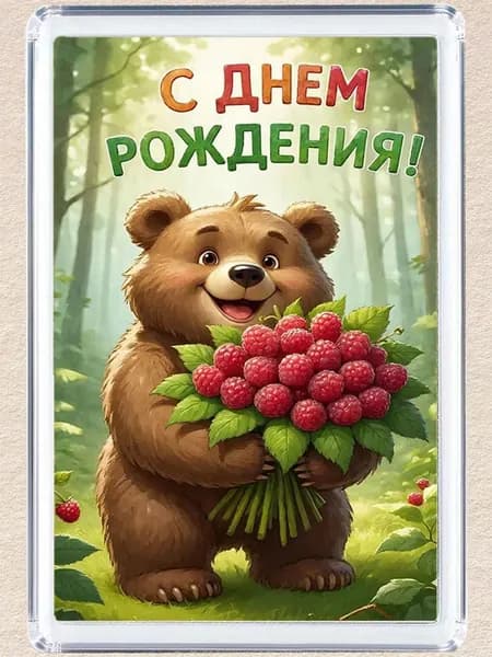 Магнит на холодильник "С днем рождения, мишка с букетом малины"