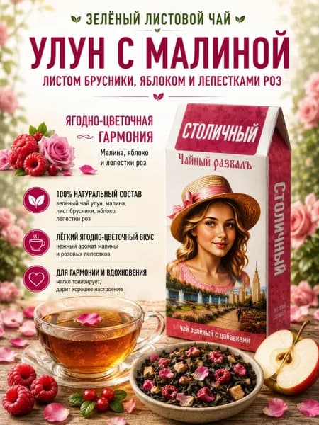 Чай зеленый улун с малиной, брусникой и лепестками роз, Столичный, элитный, фруктовый чай