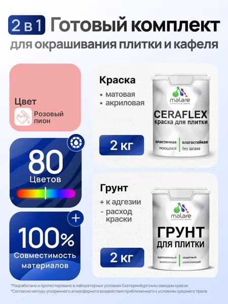 Комплект Malare LIPPO для окрашивания плитки и кафеля (2кг грунт + 2кг краска), акриловый, без запаха, быстросохнущий, матовый, цвет розовый пион