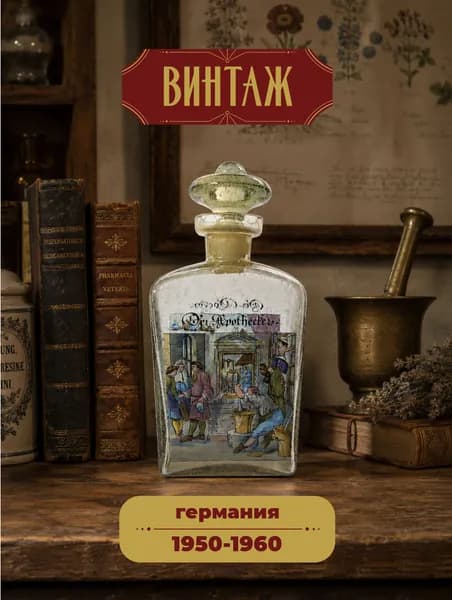 Штоф с пробкой Alfred Taube "Доктор. Аптекарь" в фиолетово-зеленых тонах винтажный, стекло, деколь, 19,5 см, Германия, 1950-60 гг.
