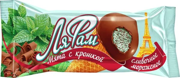 Мороженое сливочное в глазури с мятой и шоколадной крошкой в сахарной трубочке 70 г, Ля Фам