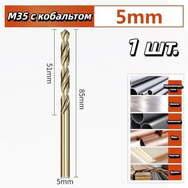Кобальтосодержащие Сверло - спиральное по металлу HSS 5х85 мм, 1шт