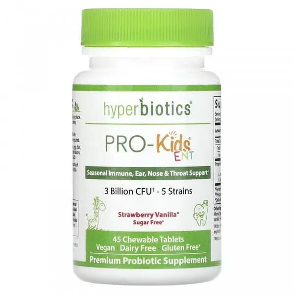 Hyperbiotics, PRO-Kids ENT, Оральные пробиотики для детей (верхние дыхательные пути, зубы, ухо), без сахара, вкус клубника и ваниль, 45 жевательных таблеток