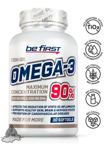 Витамины омега 3 рыбный жир для взрослых с концентрацией 90% Be First Fish Oil Omega 3 90% Maximum Concentration, 30 капсул (рыбий жир в капсулах для взрослых)