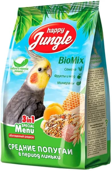 Корм для птиц HAPPY JUNGLE для средних попугаев в период линьки (500 гр)