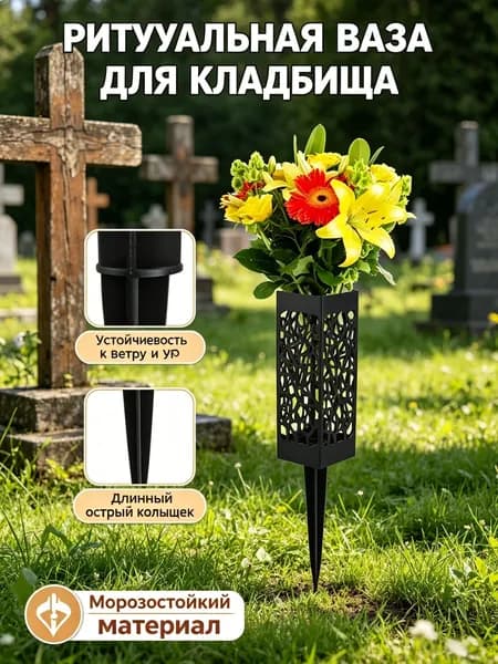 Ваза для кладбища на штыре, ритуальный держатель для цветов на могилу с ажурным узором, уличный влагостойкий декор для памятника - набор 1 шт.