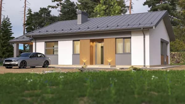 "Лидер" проект одноэтажного дома 120 м2 с террасой из газосиликатного блока и с 3 спальнями