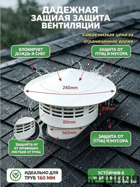Колпак на вентиляционную трубу 160 мм, зонт кровельный для вытяжки - дефлектор пластиковый от дождя и птиц, белый