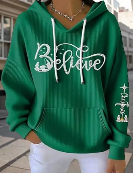Женская толстовка с капюшоном в рождественской тематике Believe и сценой Рождества Христова, зелёная, размер XXL