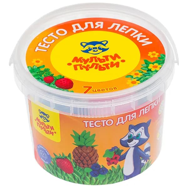 Тесто для лепки для малышей набор Мульти-Пульти "Енот на каникулах", 7 цветов*60г, пластиковое ведро
