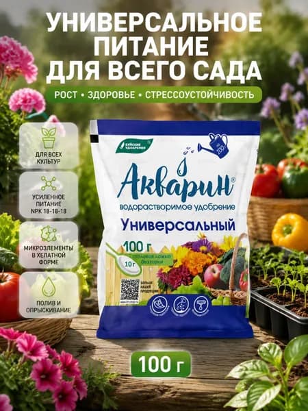 Акварин универсальное удобрения для сада и огорода 0,1 кг, водорастворимое, с микроэлементами, для всех растений, для полива и опрыскивания