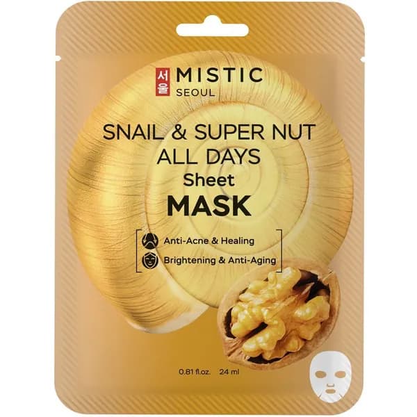 MISTIC Тканевая маска для лица с муцином улитки и экстрактом орехa ALL DAYS
