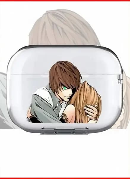 Эксклюзивный прозрачный чехол для AirPods с анимепринтом Death Note, где светятся глаза Ягами Лайт и Мисы Амане, представляет собой идеальный презент для поклонников культового сериала