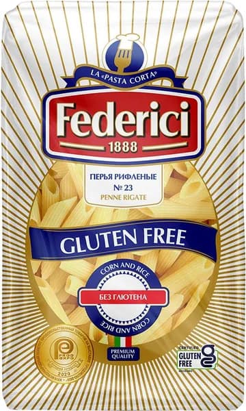 Макароны Federici перья рифленые №23 из кукурузы и риса без глютена, 400г