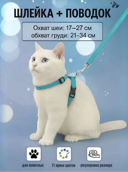 Шлейка с поводком для кошек,котов, котят,собак мелких пород, щенков и кролика,прогулочная регулируемая цвет голубой