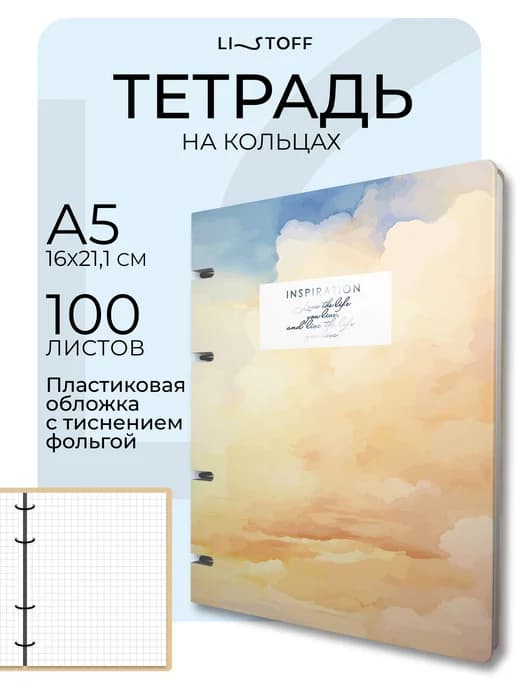 Блочная тетрадь на кольцах А5 100 листов в клетку