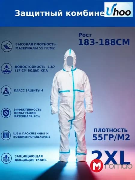 Защитный комбинезон одноразовый 55 г/м , полипропилен с ПЭ-покрытием, для малярных, клининговых и санитарных работ, размер 2XL