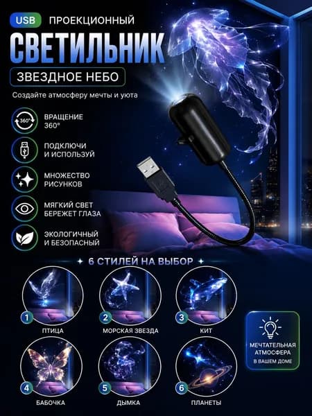 Гобо-проектор Проектор ночник USB, черный матовый