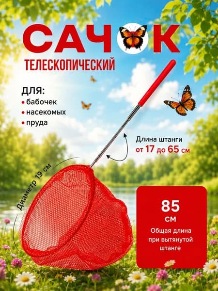 Сачок детский 37-85см раздвижной для ловли бабочек или рыбок, для насекомых, телескопический, сачок для бассейна