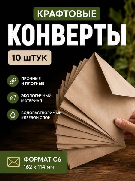 Конверт крафт С6, 114х162мм, крафтовый бумажный подарочный конверт с клеевым треугольным клапаном, 10 шт