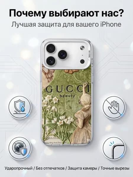 Чехол Gucci для Айфон 17 Про Макс, с винтажным принтом и бархатным эффектом, противоударный, с защитой камеры