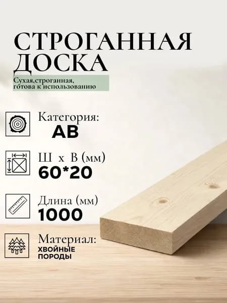 Доска обрезная сухая строганная AB (2 шт) из хвойных пород дерева (ель; сосна). 1000*60*20