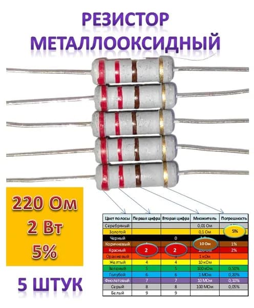Резистор 220 Ом 2Вт 5шт металлооксидный