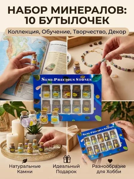 Набор минералов в коробке (натуральный кристалл + бутылка с камнями) (10 бутылок смешанных минеральных образцов + учебные материалы)