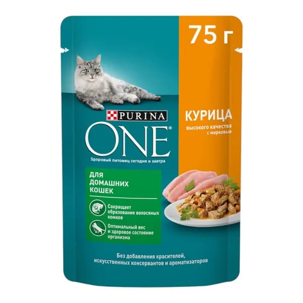 Влажный корм Purina One для домашних кошек с курицей и морковью 75 г