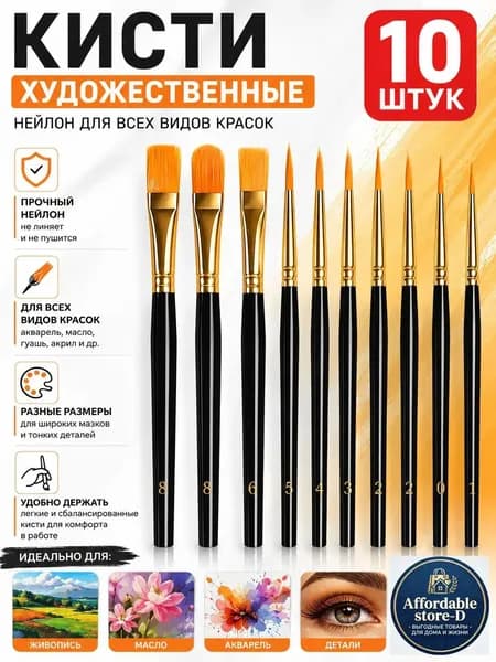 Набор кистей для рисования Ассорти  № 1/0, 10 шт.