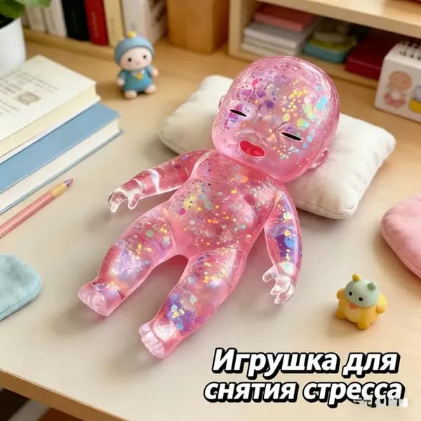 Антистресс-игрушка-малыш, прозрачная с блёстками, мягкая