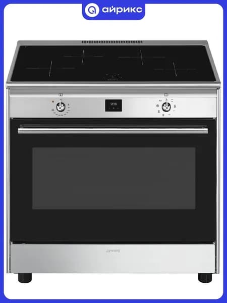 Индукционная плита Smeg CG90CIXT, закаленное стекло, 4 конфорки, 10.6 кВт, духовка 129 л, 8 режимов, серебристая